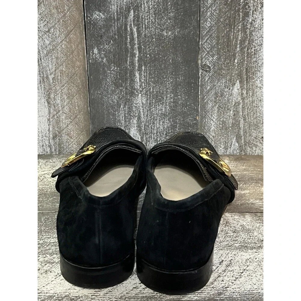 Vince Camuto Black Leather Loafer Flats Buckle Square Toe Animal Print  7.5